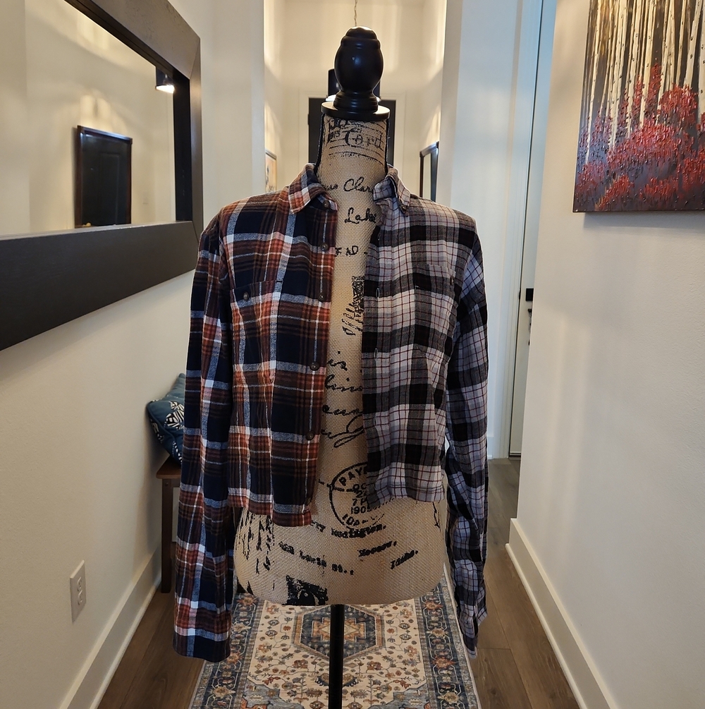 Split-Pattern Plaid Button-Down Shirt - Black & Brown